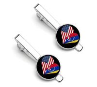Hearts America USA And Flag Tie Clip for Men,Round Tie Bar Clips And Cufflinks Set for Luxury Clothing Accessories 2 Pcs