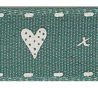 Hearts and Kisses Ribbons for Sewing, Valentine Gift Wrapping, Flower Bouquets, Bow Making, Wreaths, Home and Party Decoration - Green - 15mm Wide x 1 Metre