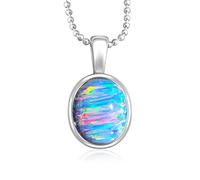 Heart's Art Australia Play of Colour: Classic Sterling Silver Bezel created Opal Necklaces for Womens Jewellery, Girls Birthday Presents, Handmade Silver Chain Necklace for Women (Red Multi 12x10mm)
