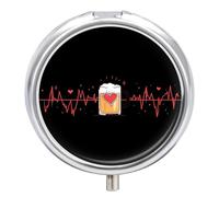 Hearts Beat with Beer Cute Travel Pill Organizer Portable Small Round Medicine Case Box for Pocket Purse