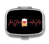 Hearts Beat with Beer Cute Travel Pill Organizer Portable Small Square Medicine Case Box for Pocket Purse