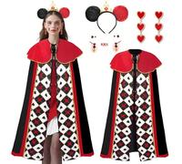 Hearts Cloak Costumes Adults, Queen Cloak Womens Costume-4Pcs, Red-Black Hearts Queen Cape 130CM with Hairband Earrings Facial Sticker, Queens Cape Costume for Halloween Carnival Cosplay Party