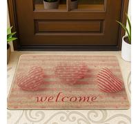 Hearts Door Mat, Seasonal Casual Stripes Welcome Spring Red Non-Slip Dirt Trapper Back Doormat for Home Indoor Outdoor Entryway Porch Decor 29x17 Inch