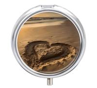 Hearts Drawn on The Beach Pill Case Pill Box with 3 Compartments | Round Travel Pill Organizer Portable Pill Container for Pocket Purse Women Men Daily Use Vitamins Supplement Holder