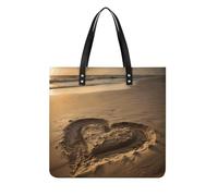 Hearts Drawn on The Beach PU Leather Tote Bag for Women Work Large Capacity Shoulder Bag Top Handle Purses And Handbags