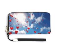 Hearts in The Sky PU Leather Clutch Wallet for Women, Large Capacity Wristlet Wallet with Zip & Removable Hand Strap