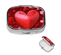 Hearts Love Pill Box with Mirror 2 Compartment Decorative Pill Case for Purse or Pocket Small Square Pill Organizer Weekly Metal Medicine Tablet Vitamin Holder Travel Gift