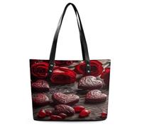Hearts on Table Tote Bag Large Soft Leather Purse with Zipper Lightweight Ladies Shoulder Handbag