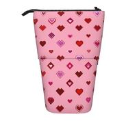 Hearts Pattern Standing Pencil Case Romantic Pen Pouch Holder Telescopic Pencil Bag Pop Up Cosmetics Bag Stationery Organizer for School Office Travel