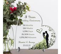 Hearts Personalised Wedding Anniversary Heart Plaque for Couples - Romantic Gift for Wife Husband MDF Wood Acrylic Keepsake Designs From 1-80 Years! (3 Years, Acrylic - Small - 85mm x 80mm)