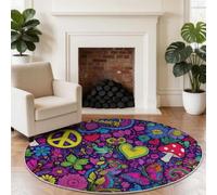 Hearts Plant Floral Round Area Rugs, Street Art Eclectic Machine Washable Round Rugs for Playroom & Nursery, Dark Non-Slip Carpet for Children & Pets, Soft Low Pile Rug 120 cm