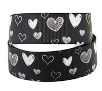 Hearts Ribbon Black & White - 2 Metres Length x 38mm Width - Rainbows - Grosgrain Ribbon - Birthday Cake - Hair Bows - Craft - Cakes - Party Decoration - Heart - Love