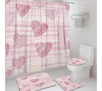 Hearts Shower Curtain Sets, Romantic Contemporary Stripes Lines Valentine's Peach Washable with Hooks Bathroom Set with Print Cloth Curtains and Rugs for Bathtub Toile Guest Room Decor 72x72 Inch