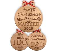 Heart's Sign Our First Christmas Married Bauble 2025 | Set of 3 Wooden Rustic Wedding Baubles | First Year as Mr & Mrs Xmas Gifts for Newlyweds | Vintage Unique Wedding Gifts for Couples