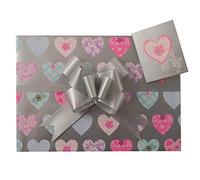 Hearts Silver Gift Wrap Pack 2 Sheets 2 Tags and 2 Pull Bows