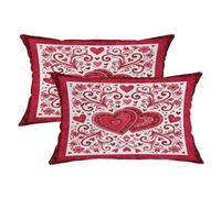 Hearts Throw Pillow Covers Set of 2, Romantic Fanciful Floral Swirls Valentine Red Soft Velvet Washable Cover Decorative Pillows for Home Living Room Bedroom Dorm Couch Decor 20x12 Inch