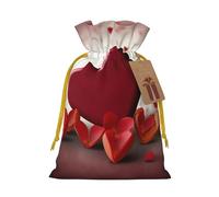 Hearts with Love Christmas Gift Bags with Tags & Ribbon Ties, Xmas Drawstring Candy Treat Bag Christmas Gifts Sacks Reusable Gift Wrapping Bags for Holiday Party Favors Small