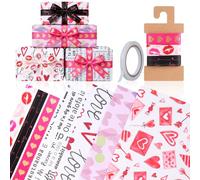 Hearts Wrapping Paper | 4 Sheets Birthday Gift Wrap Paper Set with 3 Ribbon | Eco Friendly Recyclable Valentines Gift Wrap for Anniversary, Wedding, Birthday, Valentines Day, Husband or Wife