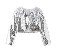 HEARTTOUCH Girls' Sequin Bolero Cardigans Glitter Short Jacket Long Sleeve Cardigan Top for Carnival Fancy Dress Party Outfit Gold/Silver, silver, 150 cm