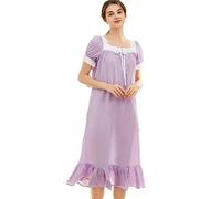 HEARTTOUCH Victorian Nightgowns for Women 100% Cotton Nightgown Short Sleeve Nightdress Vintage Sleepwear Loungewear, Purple, XXS