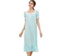 HEARTTOUCH Victorian Nightgowns for Women 100% Cotton Nightgown Short Sleeve Nightdress Vintage Sleepwear Loungewear, Blue, S