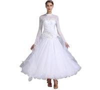 HEARTTOUCH Women Ballroom Dance Dress Modern Waltz Tango Dress Long Sleeve Flash Rhinestone Performance Competition Costume