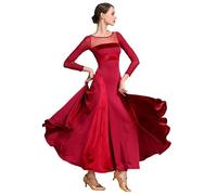 HEARTTOUCH Women's Ballroom Dance Competition Dress Modern Waltz Tango Standard Dress Long Sleeve Performance Costumes, Red, XL
