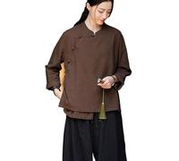 HEARTTOUCH Women's Linen Button Down Shirts Chinese Ramie Blouse Long Sleeve Hanfu T-Shirt Tang Suit Cotton Tai Chi Tops, Brown, One Size