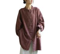 HEARTTOUCH Women's Ramie Blouse Frog Button Jackets Chinese Long Sleeve Shirt Loose Tunic Top Linen Hanfu Tunic Tees Meditate (One Size,Red)