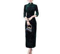 HEARTTOUCH Women's Velvet Chinese Cheongsam Elegant Maxi Qipao Traditional Party Cocktail Dress Frog Buttons Bodycon Dress, Green, XL