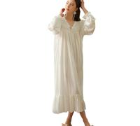 HEARTTOUCH Women's Victorian Nightgown Lace Trim Vintage Nightdress Nightwear Retro Long Sleeve Pajama Dress Soft Loungewear, White, XL