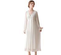 Hearttouch Women's Victorian Princess Nightgown Long Sleeve Nightdress Vintage Chiffon Nightgowns Bridal Pajamas Sleepwear, White, XL