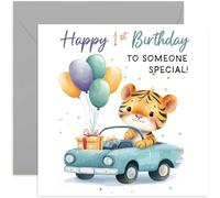 Heartwarming Birthday Card for Child, 'Happy 1st Birthday' Gift, Adorable Tiger Design, For Boy Girl Niece Nephew Blank Inside with Envelope
