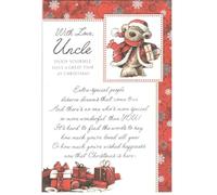 Heartwarming Christmas Card with Teddy Bear Design, Uncle Theme, Red Snowflake Border, 15 x 23 cm