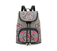 Hearty Trendy Moroccan Style Floral Embroidered Backpack for Women, Boho Drawstring Bag with Front Zipper Pocket