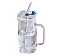 Heat Glass Cup with Straw 400ML Suitable for Cold Drinks Juice Milk Including Lid Texture Various Beverages Tumbler Set Teal (C, One Size)