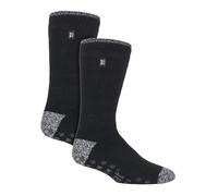 HEAT HOLDERS 2 Pack Mens Slipper Socks with Grippers Winter Anti slip Cosy Socks | Fleece Warm Socks (6-11, Black)
