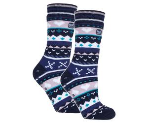 Heat Holders 2 Pairs Womens Soul Warming Socks with Grips - 4-8 UK - Navy / Purple