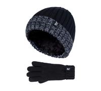 Heat Holders Boy's Children Winter Warm Fleece Lined Knit Turn Over Cuff Ribbed Hat & Gloves Set in Black | Size: 7-10 Years Heat Holders Black 7-10 Years