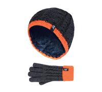 Heat Holders Boys Kids Cable Knit Warm Fleece Lined Thermal Winter Hat & Gloves Set - 7-10 Years - Grey