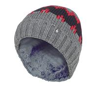 HEAT HOLDERS - Boys Thick Warm Ribbed Woven Knitted Soft Beanie Hat (7-10 Years, Pebble Melange/Red/Navy)