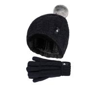 Heat Holders Girl's Cable Knit Bobble Pom Pom Thermal Hat & Gloves Set in Black | Size: 7-10 Years Heat Holders Black 7-10 Years