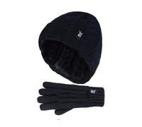 Heat Holders Cable Knitted Warm Fleece Lined Winter Hat & Gloves Set In Black Black