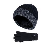 Heat Holders Children Winter Warm Fleece Lined Knit Turn Over Cuff Ribbed Hat & Gloves Set - Black/Grey - 7-10 Years