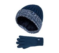 Heat Holders Children Winter Warm Fleece Lined Knit Turn Over Cuff Ribbed Hat & Gloves Set - Navy / Grey - 7-10 Years