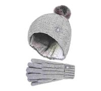 HEAT HOLDERS - Girls Bobble Pom Pom Hat and Gloves Set | Turn Over Cuff Hat & Cable Knit Gloves Style (7-10 Years, Frost Grey Melange)