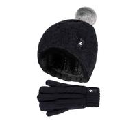 HEAT HOLDERS - Girls Bobble Pom Pom Hat and Gloves Set | Turn Over Cuff Hat & Cable Knit Gloves Style (7-10 Years, Black)