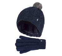 HEAT HOLDERS - Girls Bobble Pom Pom Hat and Gloves Set | Turn Over Cuff Hat & Cable Knit Gloves Style (7-10 Years, Navy)