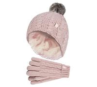 HEAT HOLDERS - Girls Bobble Pom Pom Hat and Gloves Set | Turn Over Cuff Hat & Cable Knit Gloves Style (7-10 Years, Dusky Pink)