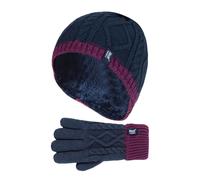 HEAT HOLDERS - Kids Girls Cute Cable Knitted Warm Fleece Lined Winter Beanie Hat and Gloves Set (7-10 Years, NP2P13)